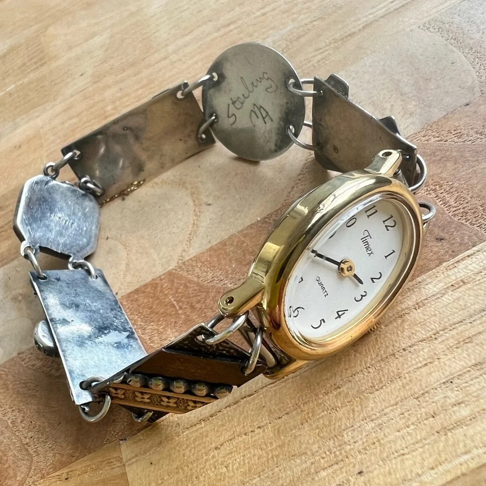 Artisan Sterling silver mixed material bracelet Timex oval watch NEW BATTERY